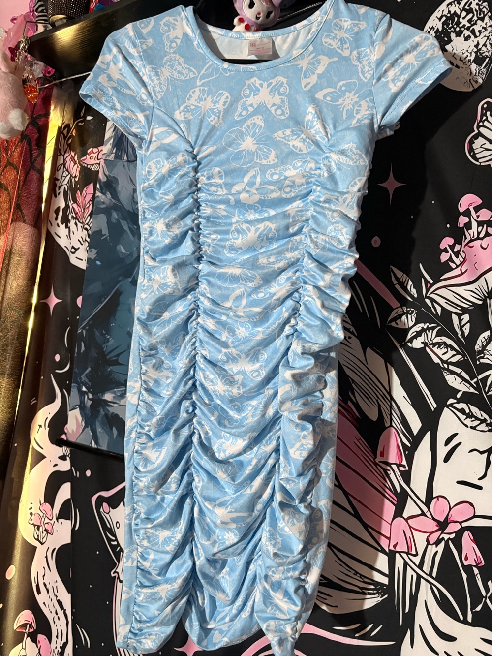 Light Blue Butterfly-Print Ruched Short Sleeve Dress